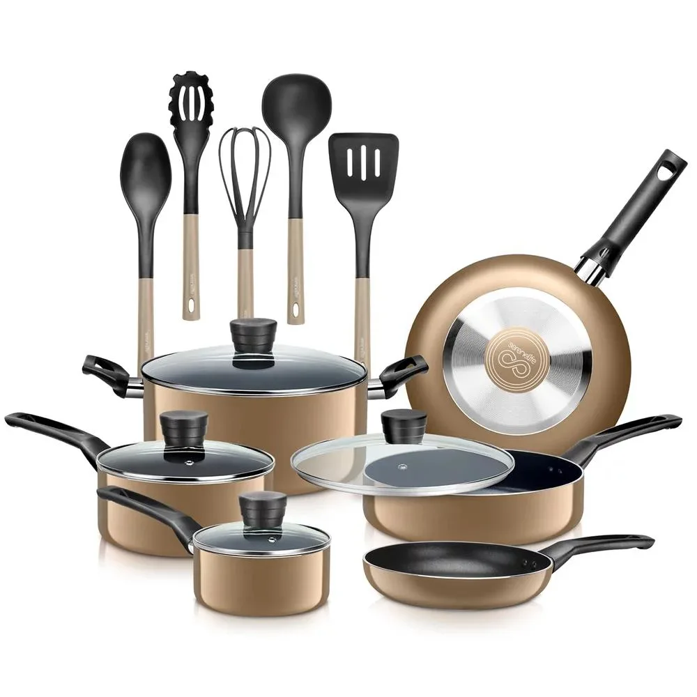 

Kitchenware Pots &Pans Basic Kitchen Cookware, Black Non-Stick Coating Inside, Heat Resistant Lacquer 15-Piece Set Free Shipping