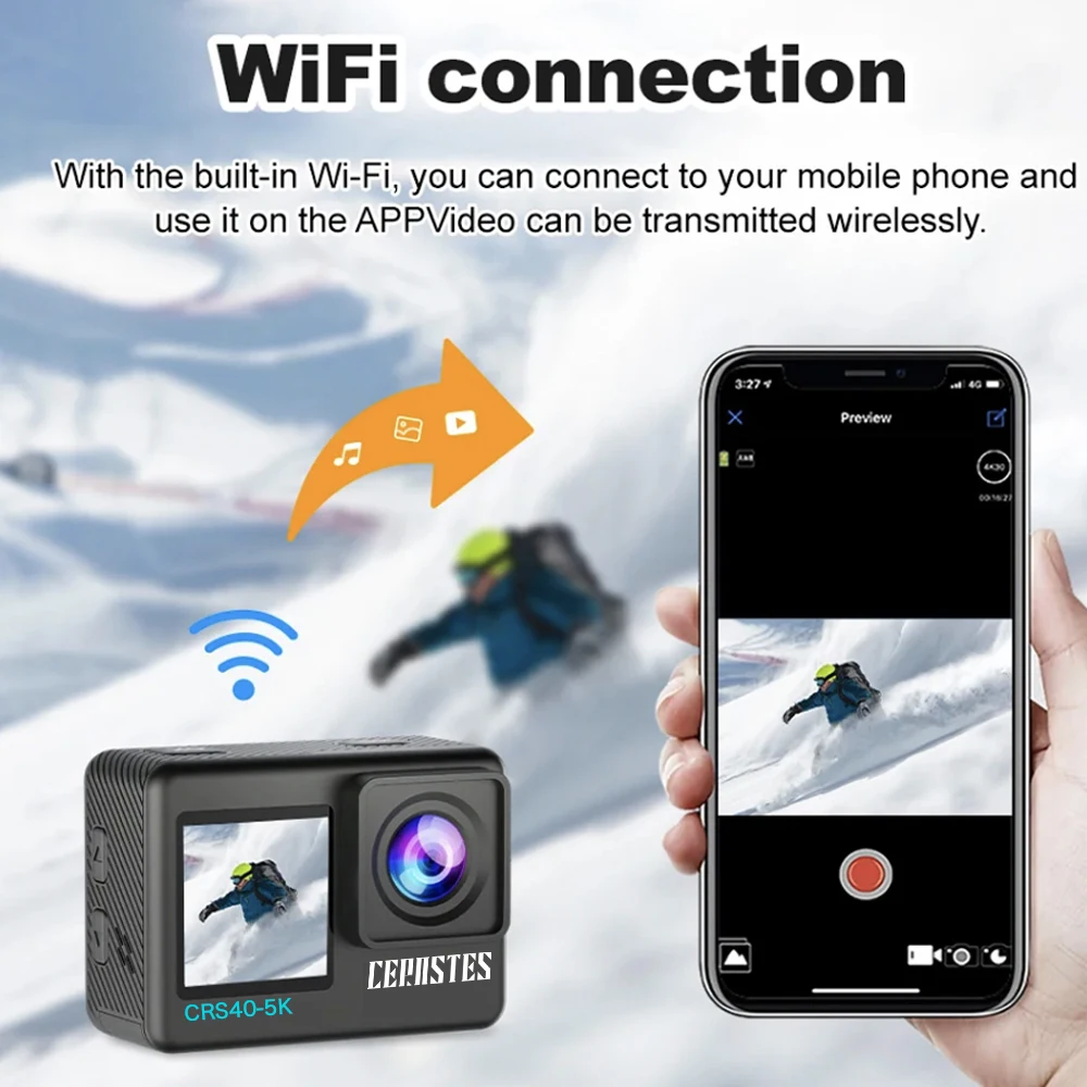 CERASTES 액션 카메라 5K 4K 60FPS WiFi 손떨림 방지 듀얼 스크린 170 ° 원격 제어 기능이 있는 광각 30m 방수 스포츠 카메라