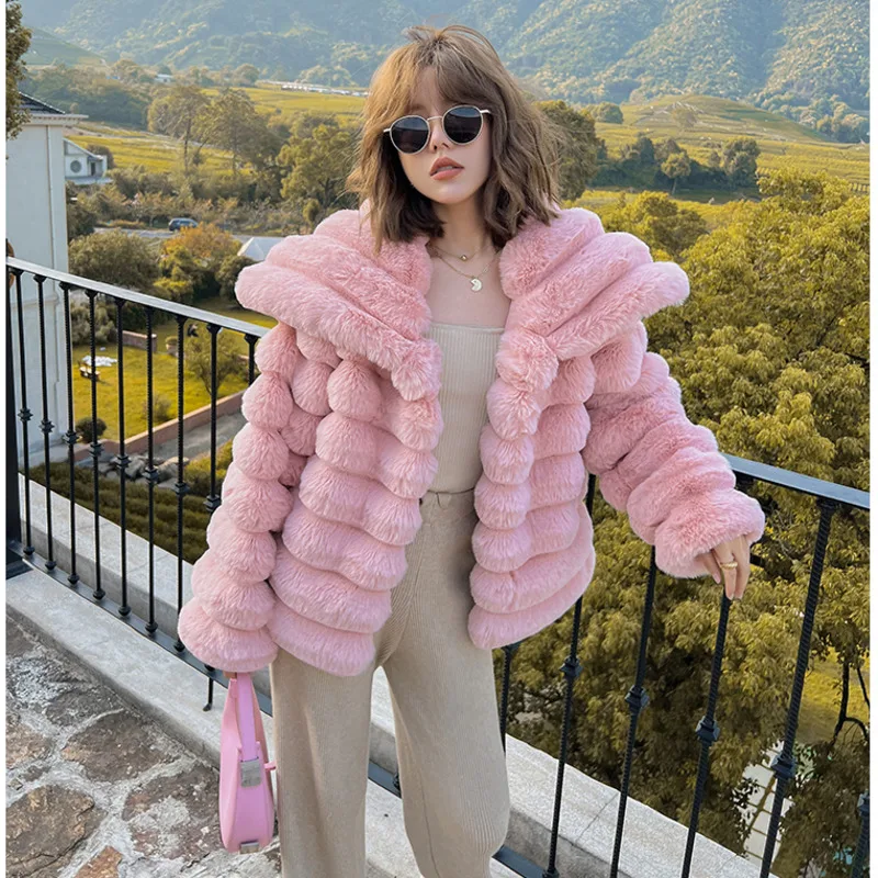 

Faux Fur Lapel Short Coat Fashion Pink Environmental Protection Imitation Fur Elegant Thick Warm Faux Fur Jackets For Women