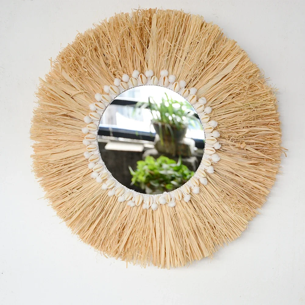 boho Home Furnishing Forest Rattan Decorative wall mirrors Raffia Woven Wooden Bead Tapestry Living Room Decorative mirrors