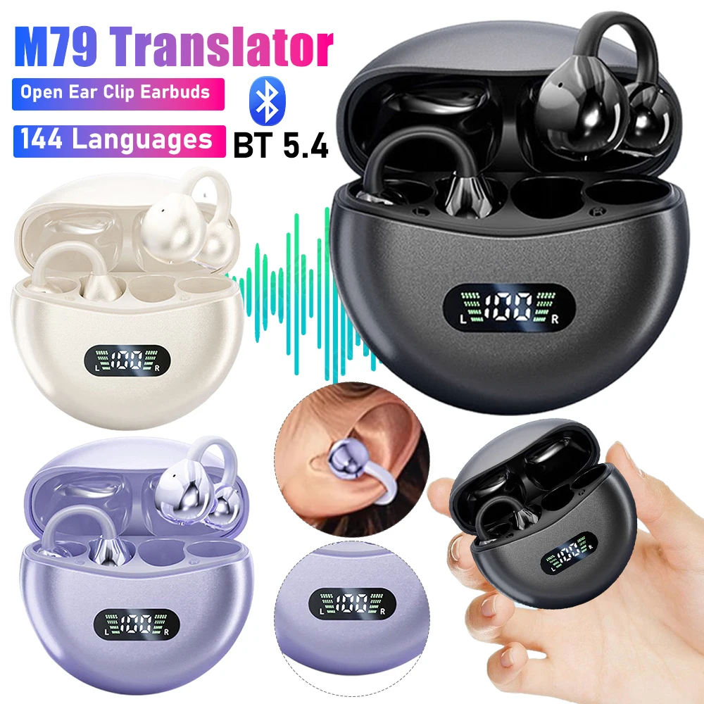 M79 AI Translator Earbuds Language Translation Earphones Real-Time Translation Noise Cancelling BT 5.4 Open Ear Clip Earbuds