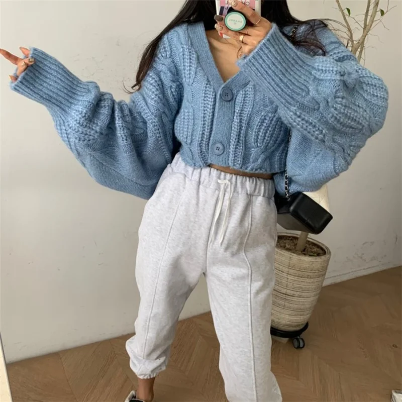 

New Vintage Criss-Cross Cardigan Woman Sweaters Fall Winter 2021 Raglan Sleeve V Neck Button Up Jackets Knitted Short Coats