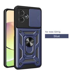 Durable Military Heavy - Duty Phone Case with Ring Bracket and Push Window Lens Coverage - Moto G54 5G (Blue)