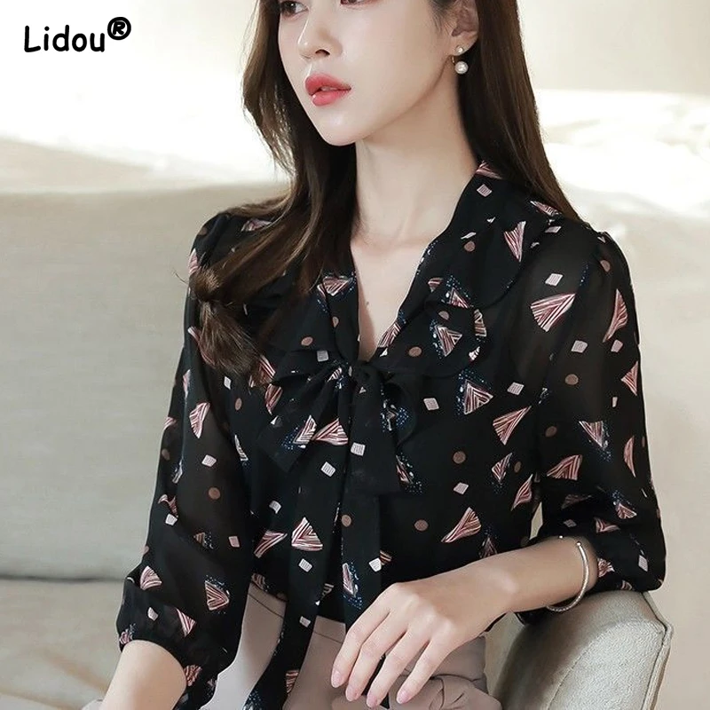 Office Lady V-neck Loose Splicing Creative Lacing Printing Solid Blouses Three Quarter Sleeve Women's Clothing Spring Summer