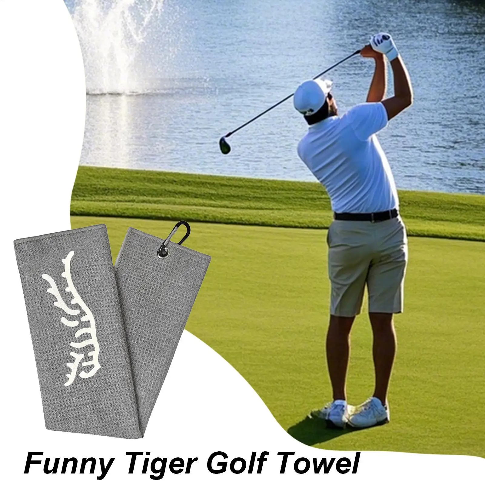 Black/Gray color Funny Tiger Embroidered Golf Towel, Microfiber, Hand Wash Only, Waffle Texture, Soft Material