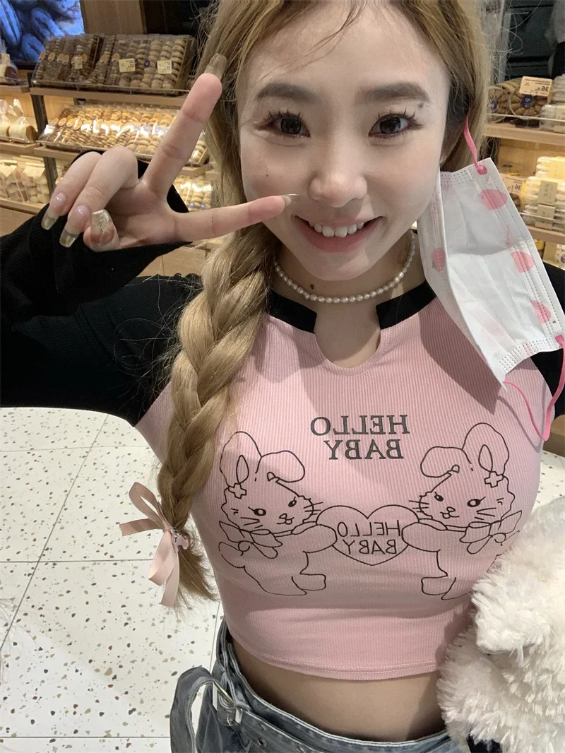 

Женская футболка в стиле Харадзюку, Повседневная футболка с V-образным вырезом и длинным рукавом, укороченный топ с мультяшным принтом, Корейская футболка Y2k, 2023