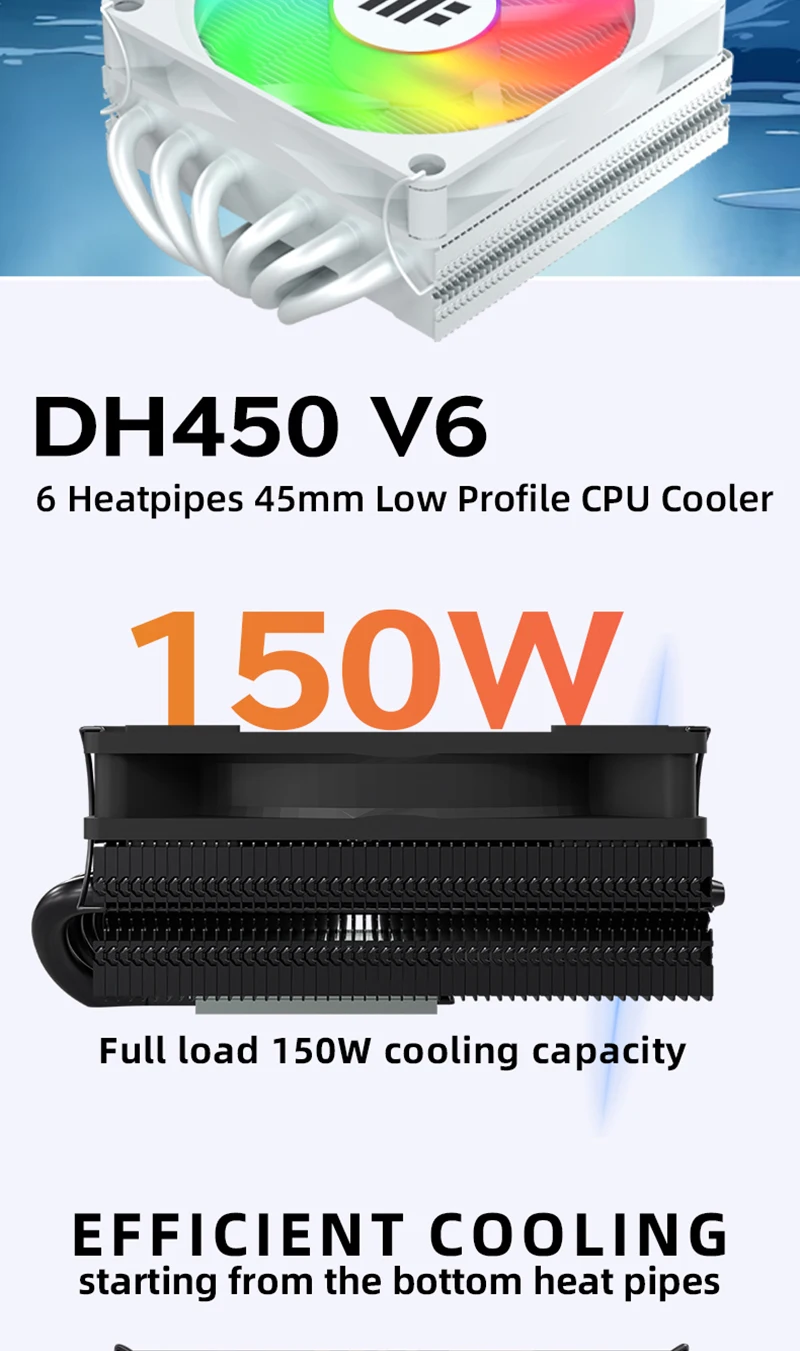 DH450 Low Profile CPU Cooler 45mm Height 6 Heatpipes ITX CPU Radiator 9CM PWM Fa