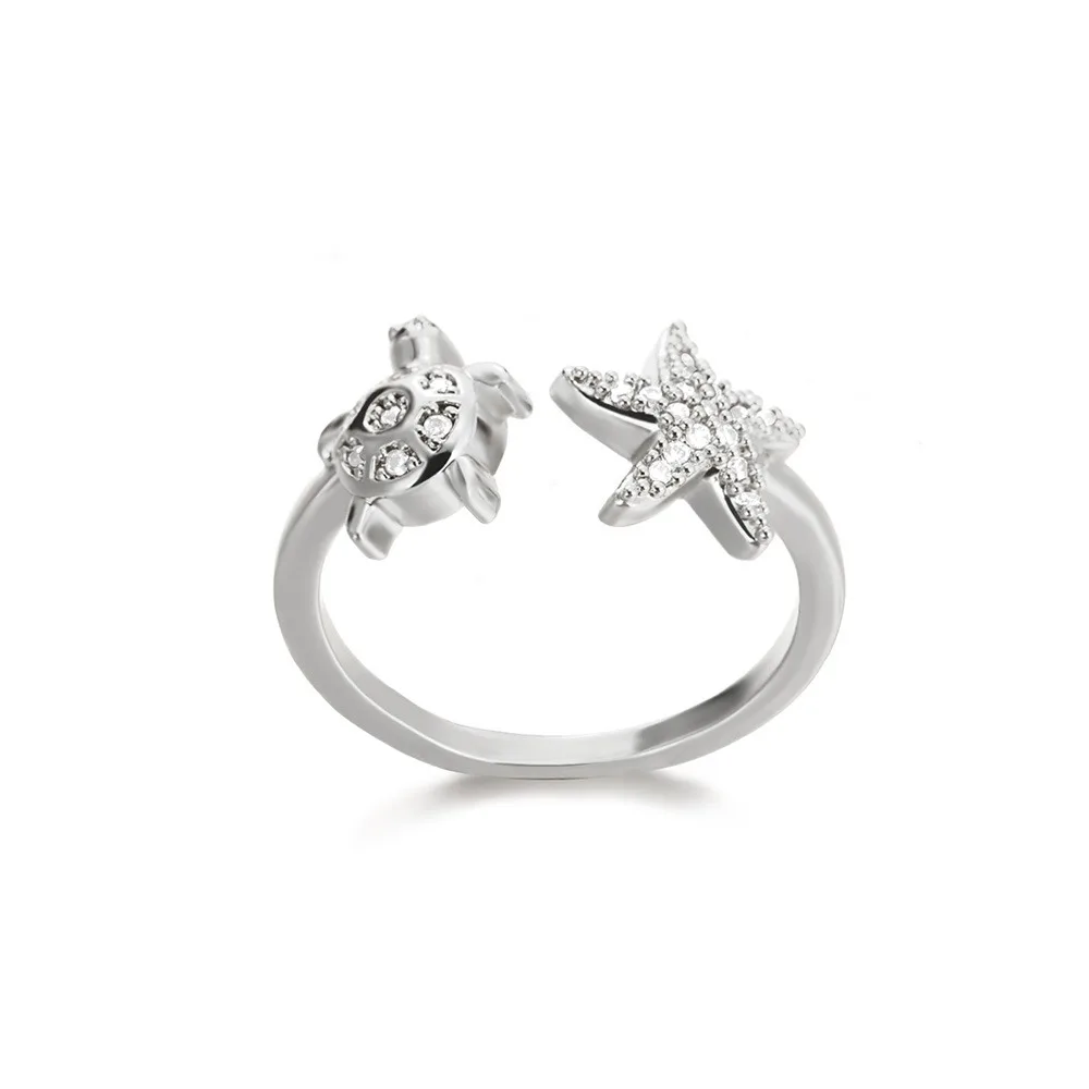 Zircon Turtle Starfish Rings Gold Color Adjustable Opening