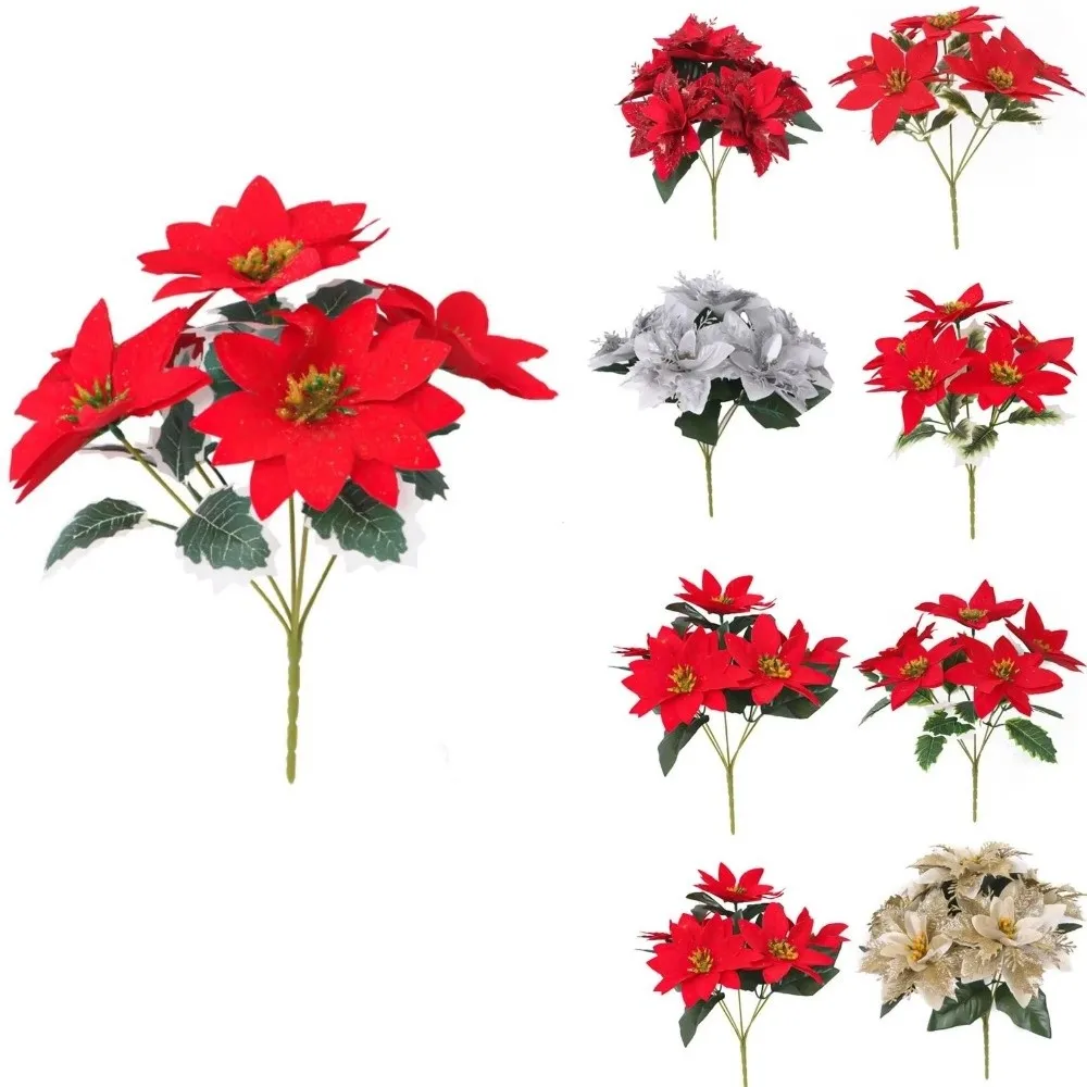 5 Heads Bunch Artificial Poinsettia Bouquet Artificial Flowers Realistic Fake Flower Pot Ornament Red Poinsettia