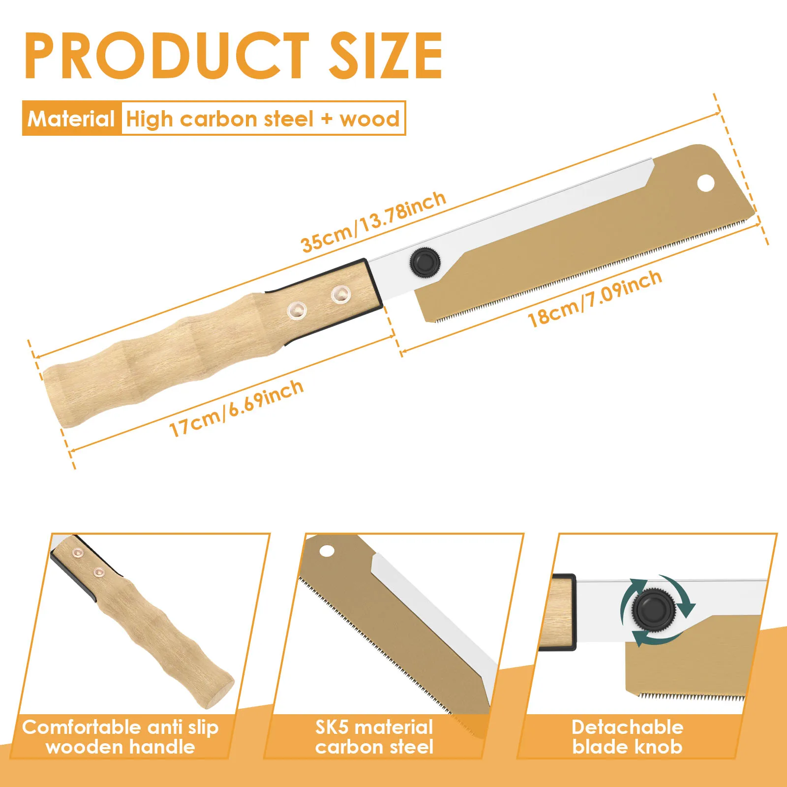 7/10 Inch SK5 Blade Hand Saw Japanese Pull Saw 3 Side Grinding Teeth High Carbon Steel Sawblade Woodworking Efficient Cutting