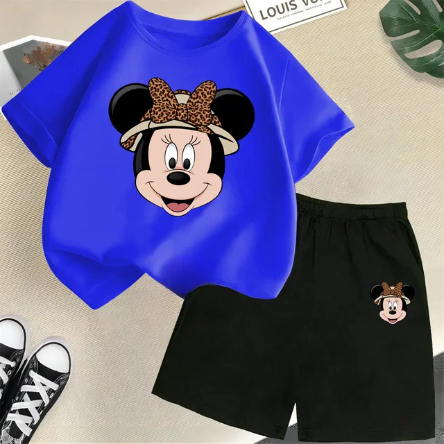 thumbnail image 1 of Conjunto de camisetas y pantalones cortos de verano con estampado de Mickey para niños y adolescentes de 2 a 14 años, camisetas informales de manga corta y cuello redondo, 2 piezas, 1 of 5
