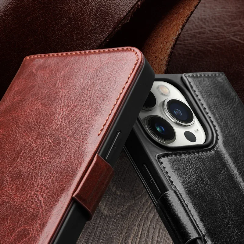 QIALINO Luxury Ultra Slim Handmade Case for iPhone 15 Pro Max Genuine Leather Wallet Card Slot Bag Flip Cover for iPhone 15 Plus