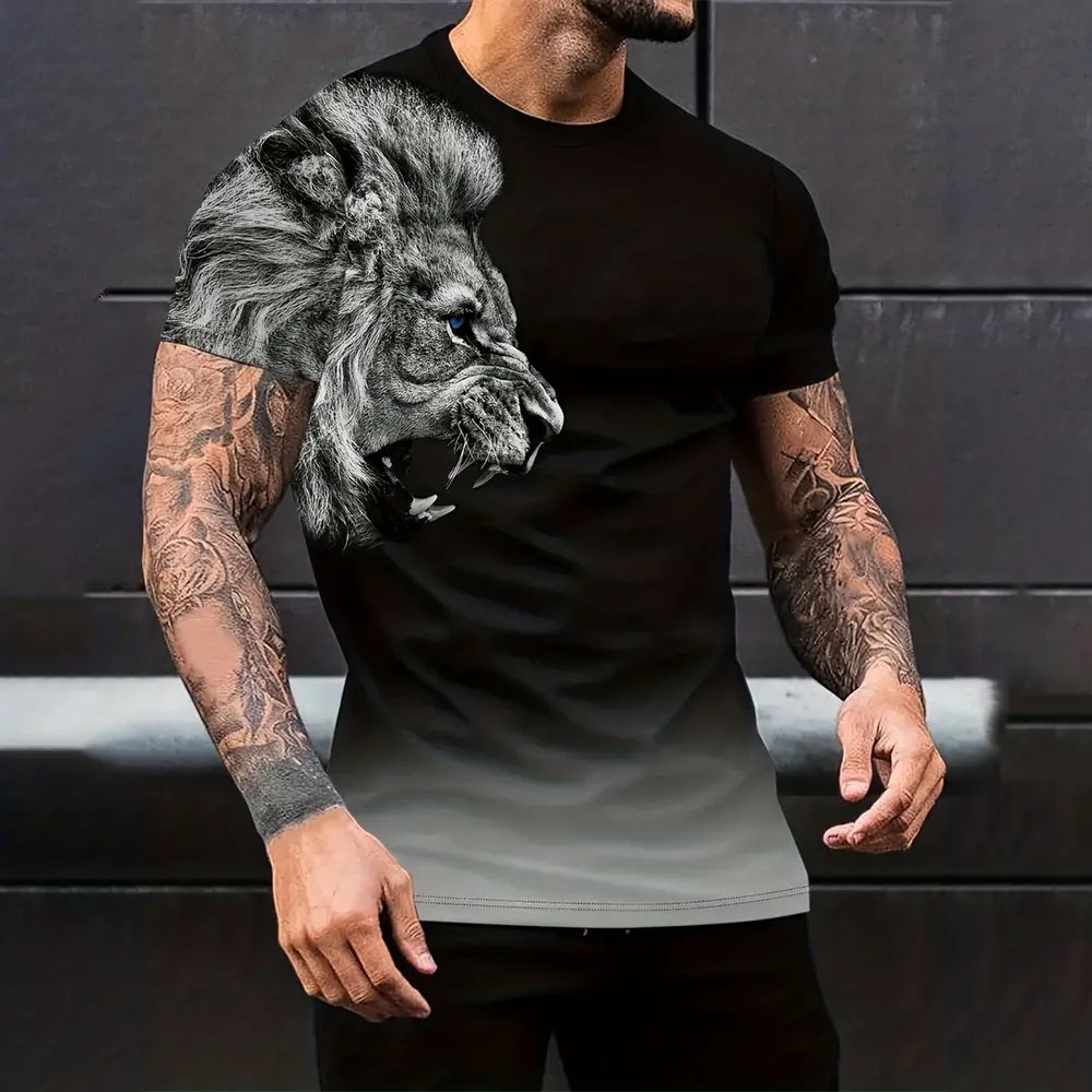 Lion-Pattern-Print-Men-s-Vintage-T-Shirt-Gradient-Graphic-Tee-Men-s ...