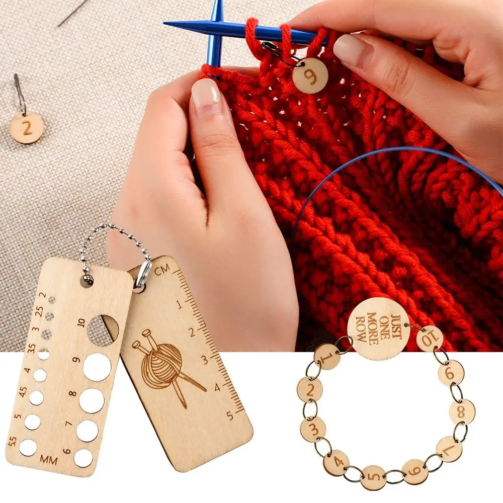 Wooden Knitting Crochet Stitch Markers Knitting Calculator Density Gauge Ruler DIY Weaving Measuring Tools