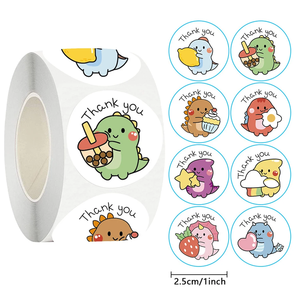 

500pcs Thank You Stickers 1 Inch Cartoon Dinosaur Labels for Packaging Baking Labels Gifts Seal Decor Children's Reward Stickers