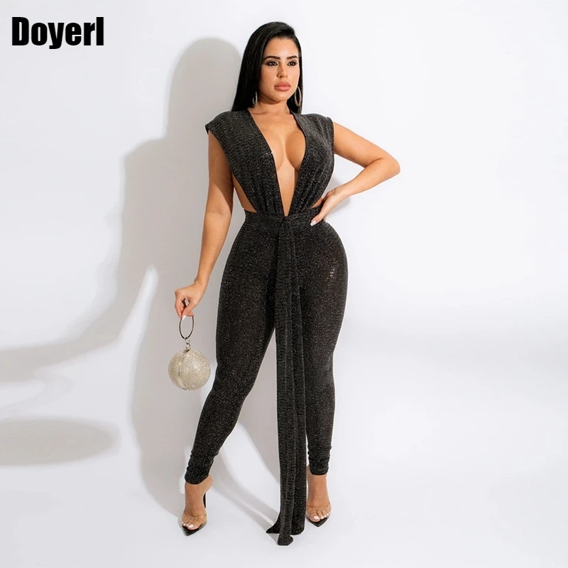 

Glitter Sequin Black Bodycon Jumpsuit for Women Party Sexy Romper Clubwear Club Outfits Tight Backless Bandage Jumpsuits Overall