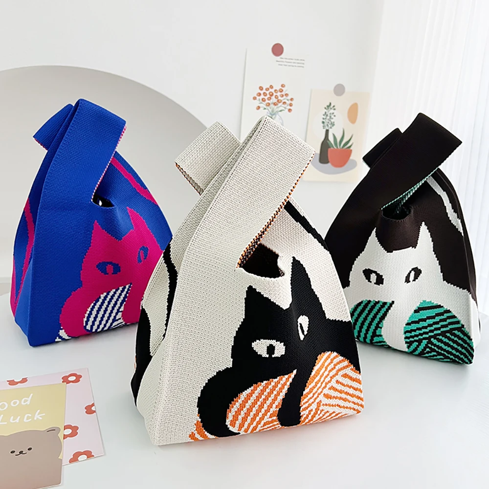 

Handmade Knit Handbag Women Mini Knot Wrist-bag Female Casual Color Wide Stripe Plaid Tote Bag Student Reusable Shopping Bag