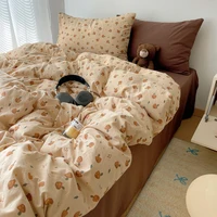 Korean Style Cute Bedding Set For Girls Bed Linen New Skin Friendly Fresh Flora Printed Washed Cotton Duvet Cover Set