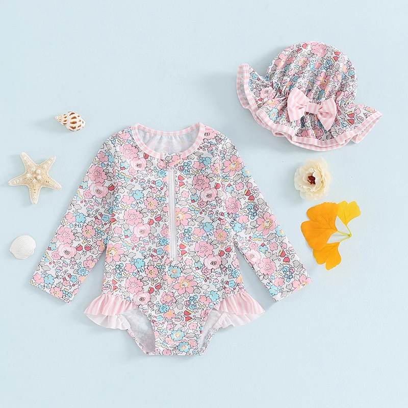 2025 Kid Baby Girls Bikinis Rash Guard Swimsuits Floral Print Bathing Suits Infant Zipper Swimwear Hat Sun Protection Beach Wear 4