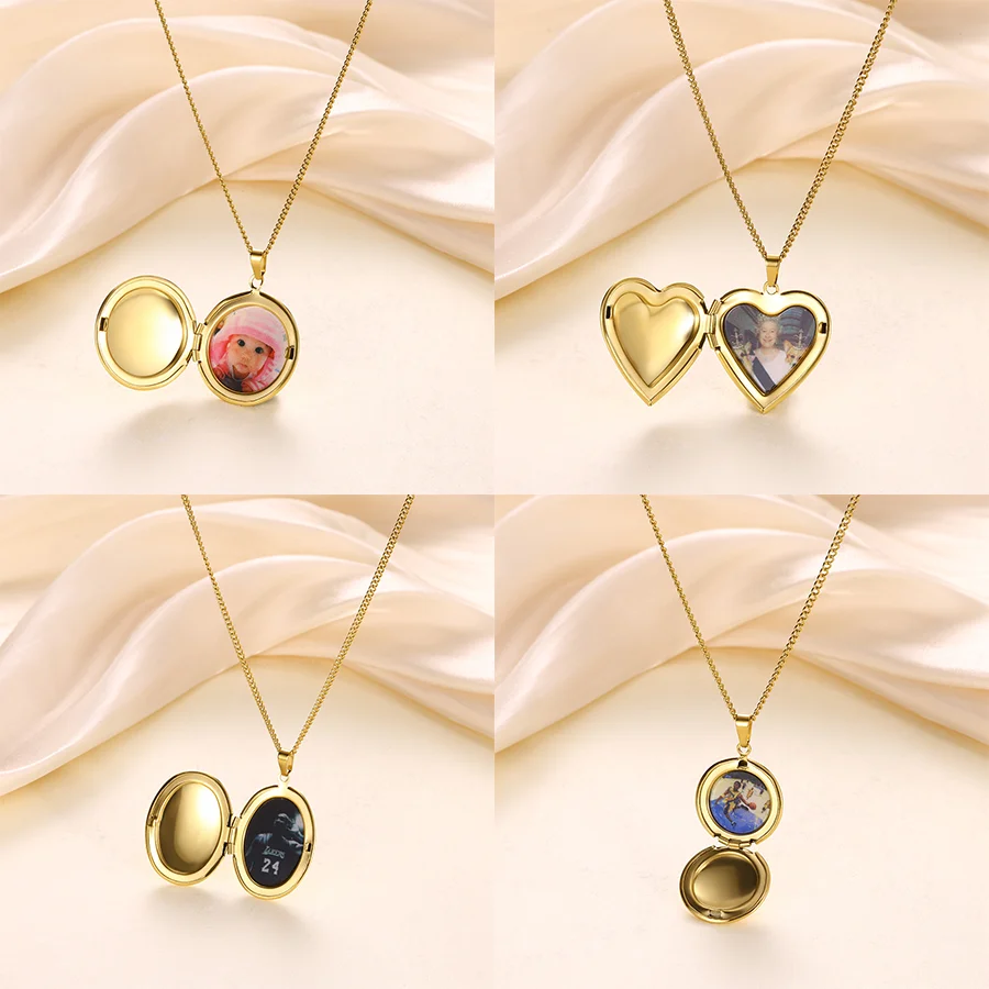 

Customize Picture Heart Locket Pendant Necklace Openable Circular Oval Personalized Family Photo Choker Stainless Steel Jewelry