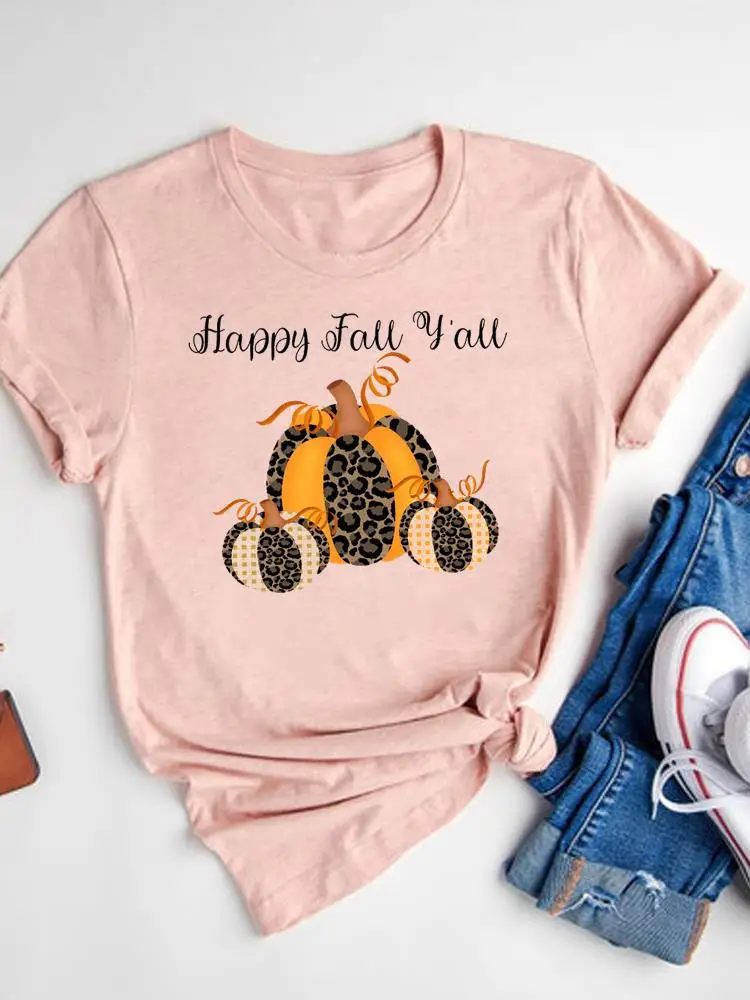 

Thanksgiving Tee Top Clothes Halloween Fall Autumn Lovely Pumpkin 90s Ladies T-shirt Cute Women Graphic Print T Shirt Clothing