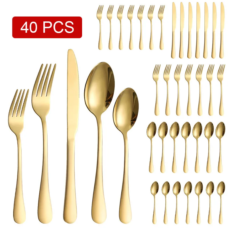 

40pcs Gold Tableware Service for 8 Stainless Steel Cutlery Flatware Fork Knife Spoon Dinnerware Silverware Set