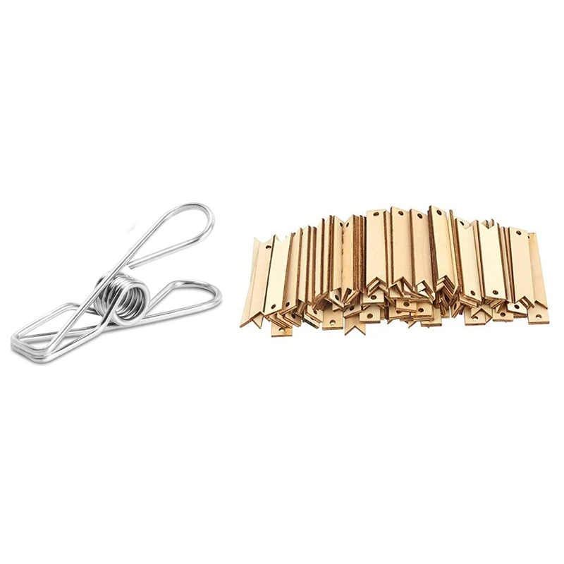 

100Pcs Stainless Steel Clothes Pegs Clothes Pins With 100Pcs Wood Card Wooden Tags Crafts Unfinished Wooden Slices