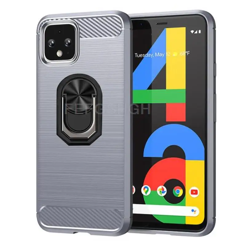 Carbon Fiber Brushed Soft Protective Phone Case with Ring Stand Holder, Shockproof Design