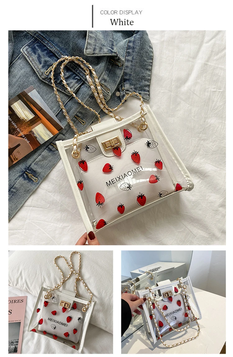 Borsa trasparente alla moda per donna Borsa a tracolla da donna da viaggio trasparente in PVC con borsa Borsa tote ecologica fragola di grande capacità_voghion.com