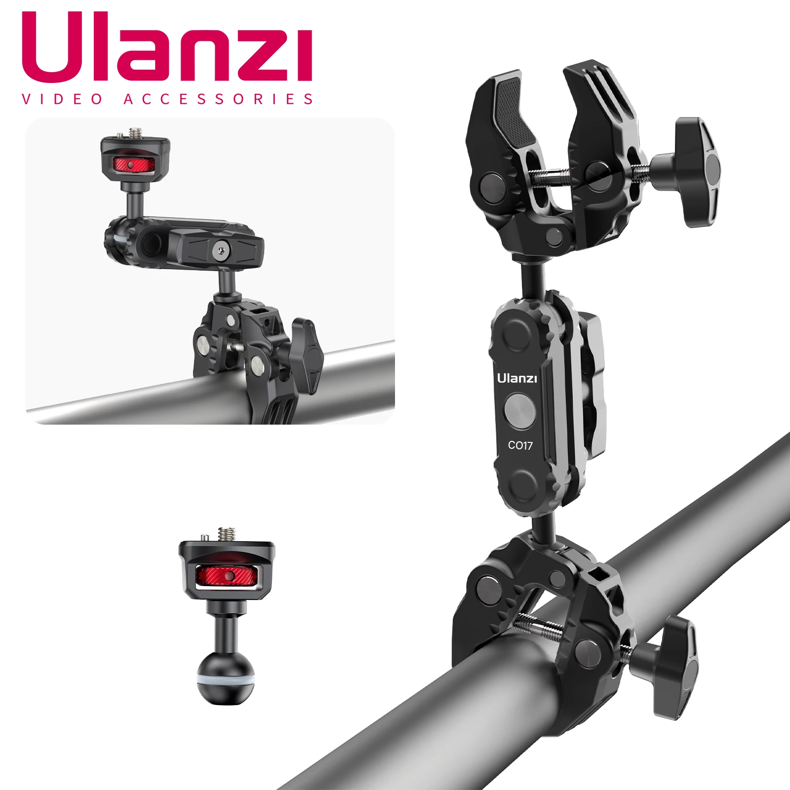 Ulanzi CO17 금속 듀얼 볼 헤드 슈퍼 클램프 매직 암 크랩 클립, Dji Gopro 액션 Insta360 파노라마 카메라 용..