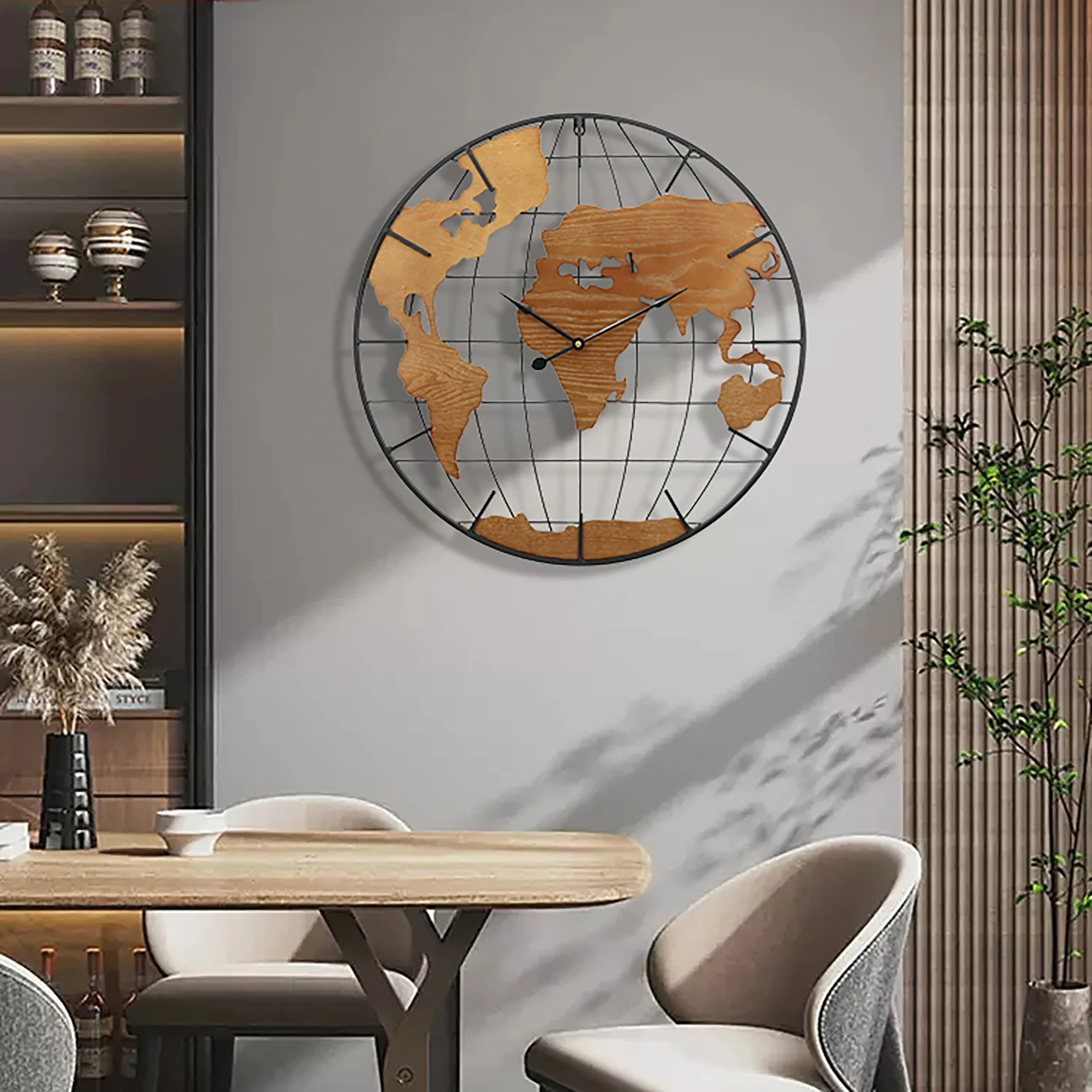 

American Iron World Map Creative Mute Living Room Study Restaurant Bar Household Use Retro Bedroom Wall Clock Modern Design