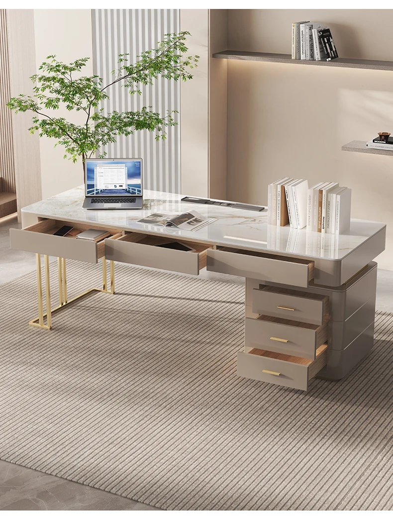 Italian Style Glossy Rock Slab Office Desk Designer Nordic Light Luxury Office Desk Simple Modern Writing Desk Luxury Furniture