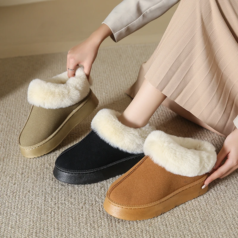 

Мюли женские зимние на плоской подошве, плюшевые удобные, повседневная домашняя хлопковая обувь, меховые шлепанцы на платформе