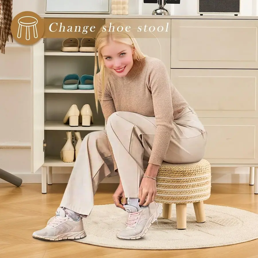 Round Seagrass Ottoman Footstool Handwoven Water Hyacinth Pouf with Solid Wood Legs Shoe Changing Stool Sturdy amp Stylish Footr