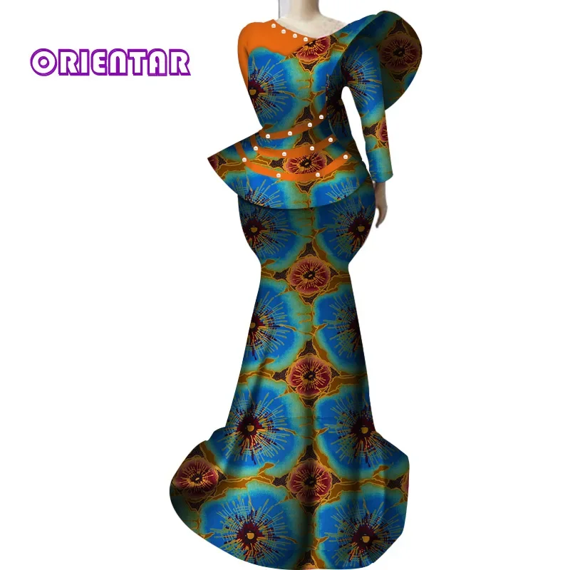 

African Clothes for Women Bazin Riche Long Sleeve Tops and Skirts 2 Pieces Set 2022 Women African Skirt Set WY3656