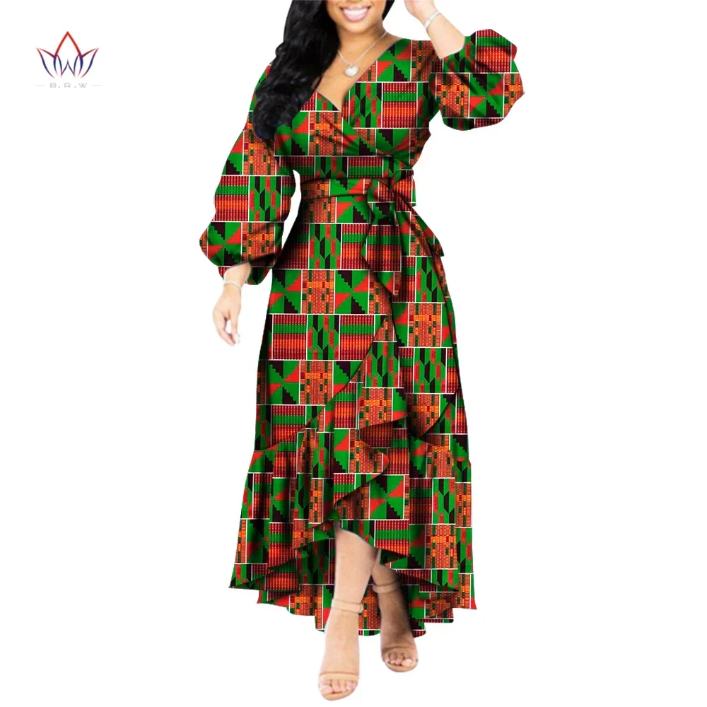 Autumn Plus Size African Long Dress for Women V-neck Belt Africa Dresses Dashiki Elagant African Dressesfor Ladies WY5856