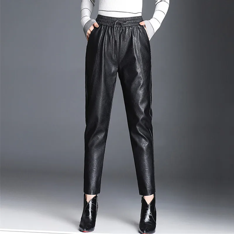 

Women PU Leather Pants Fashion Drawstring Tie Ankle Trousers Elastic Waist Pants Pockets Black Streetwear Pantalones Mujer