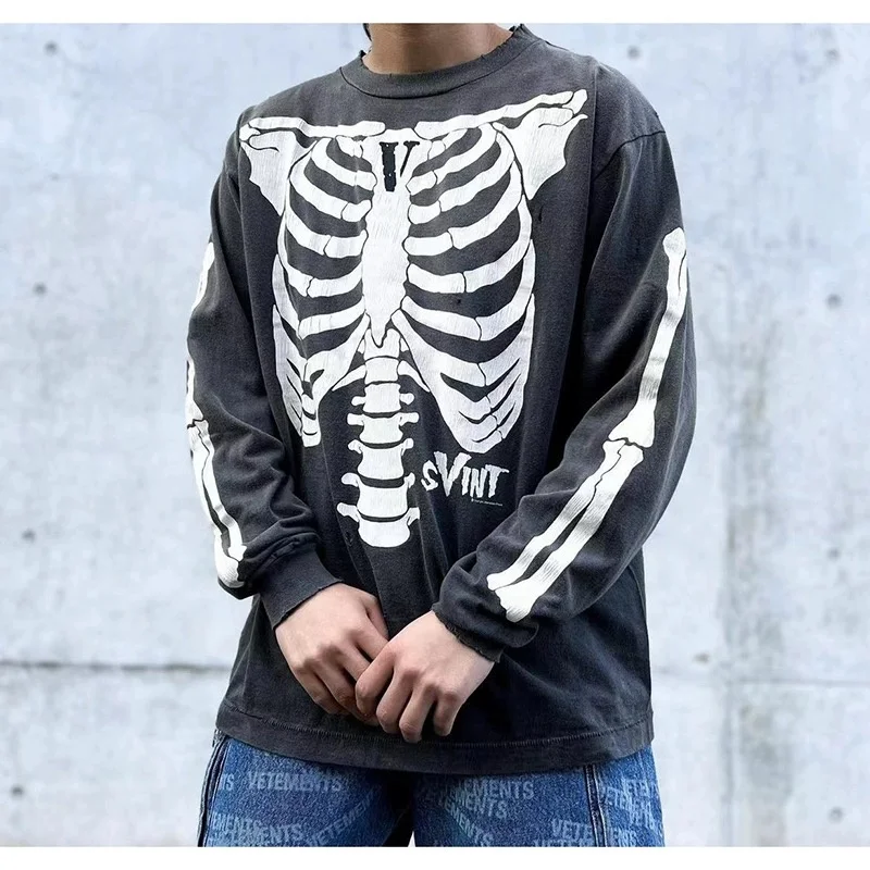 

SAINT MICHAEL Skull Round Neck Printed Loose Vintage Sweater Washed Old Sports Pullover