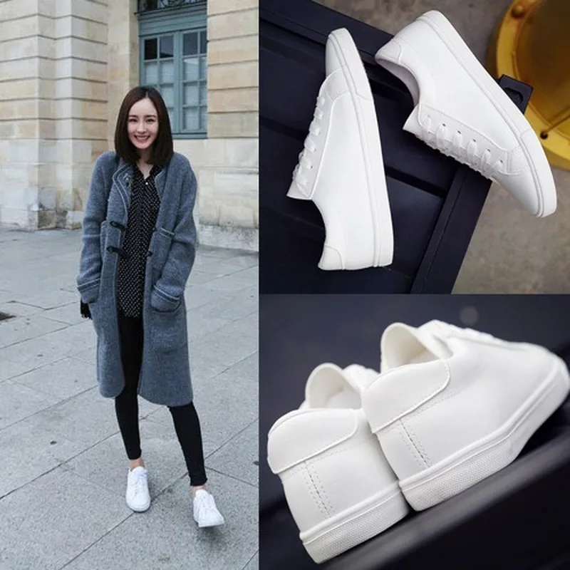 Women Shoes Fashion Sneakers High Quality PU Ladies Casual Loafers Lace-Up Low-cut White Sneaker Woman Vulcanize Flats Promotion