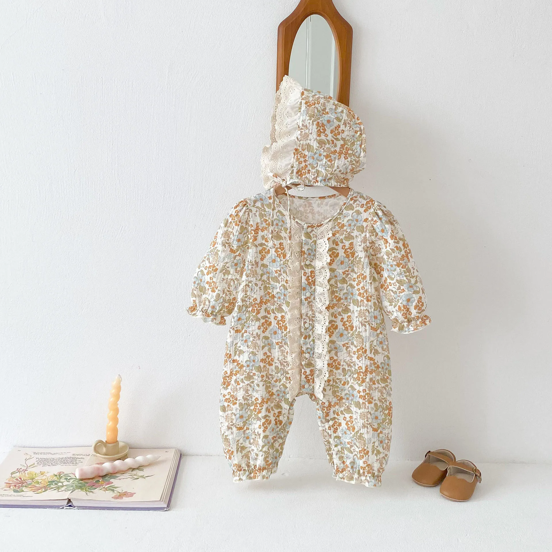 Floral Print Baby Mädchen Strampler Rundhals Casual Neugeborene Mädchen Overall Retro Herbst Mode Spitze Spleißen Toddle Kleidung – Detail 4