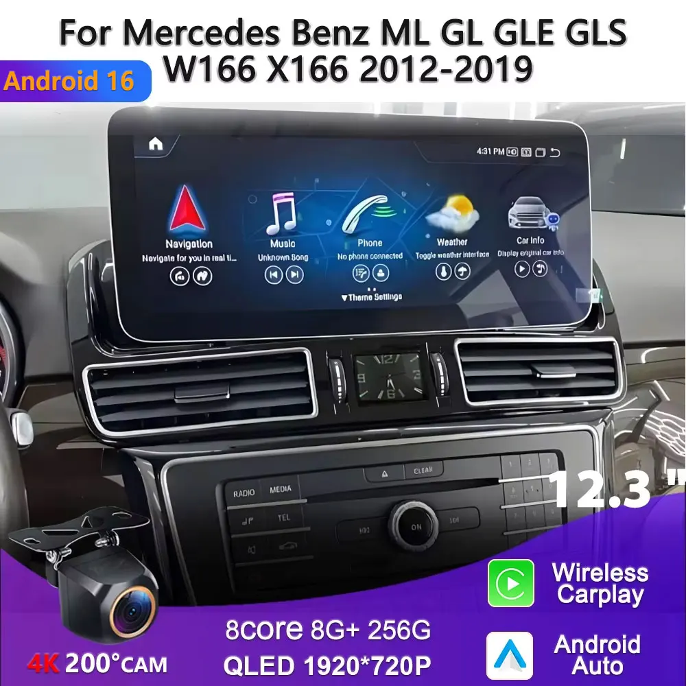 Radio Android 16 de 12.3 Pulgadas para Mercedes Benz ML GL GLE GLS W166 X166 2012-2019 4.5NTG 5.0NTG GPS Carplay Navegación Estéreo GPS 1