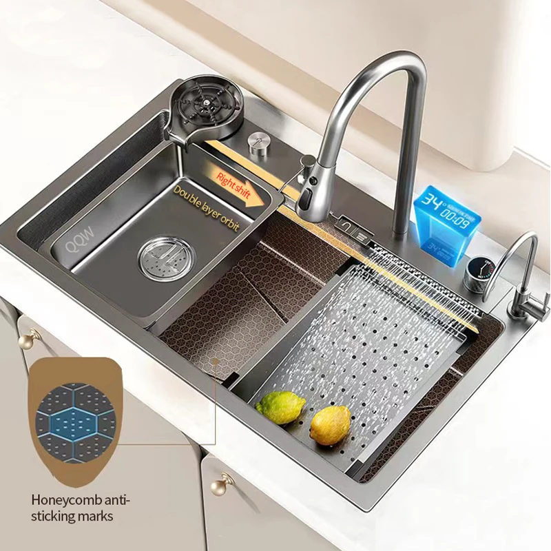 

Kitchen Sink Digital Display Feiyu Waterfall Large Single Trough Household SUS304 Stainless Steel Dish Basin Bowl