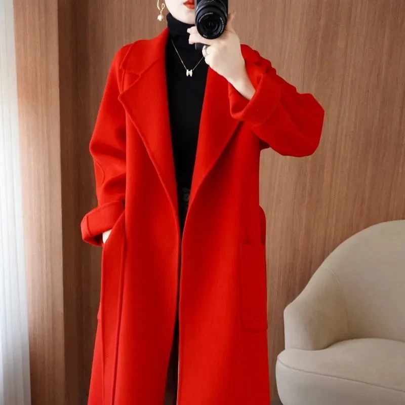 100% Wool Coat Women's Wear 2024 Autumn/Winter Fashion Temperament Double sided Cashmere Coats with Belt Elegant Long Overcoat 4