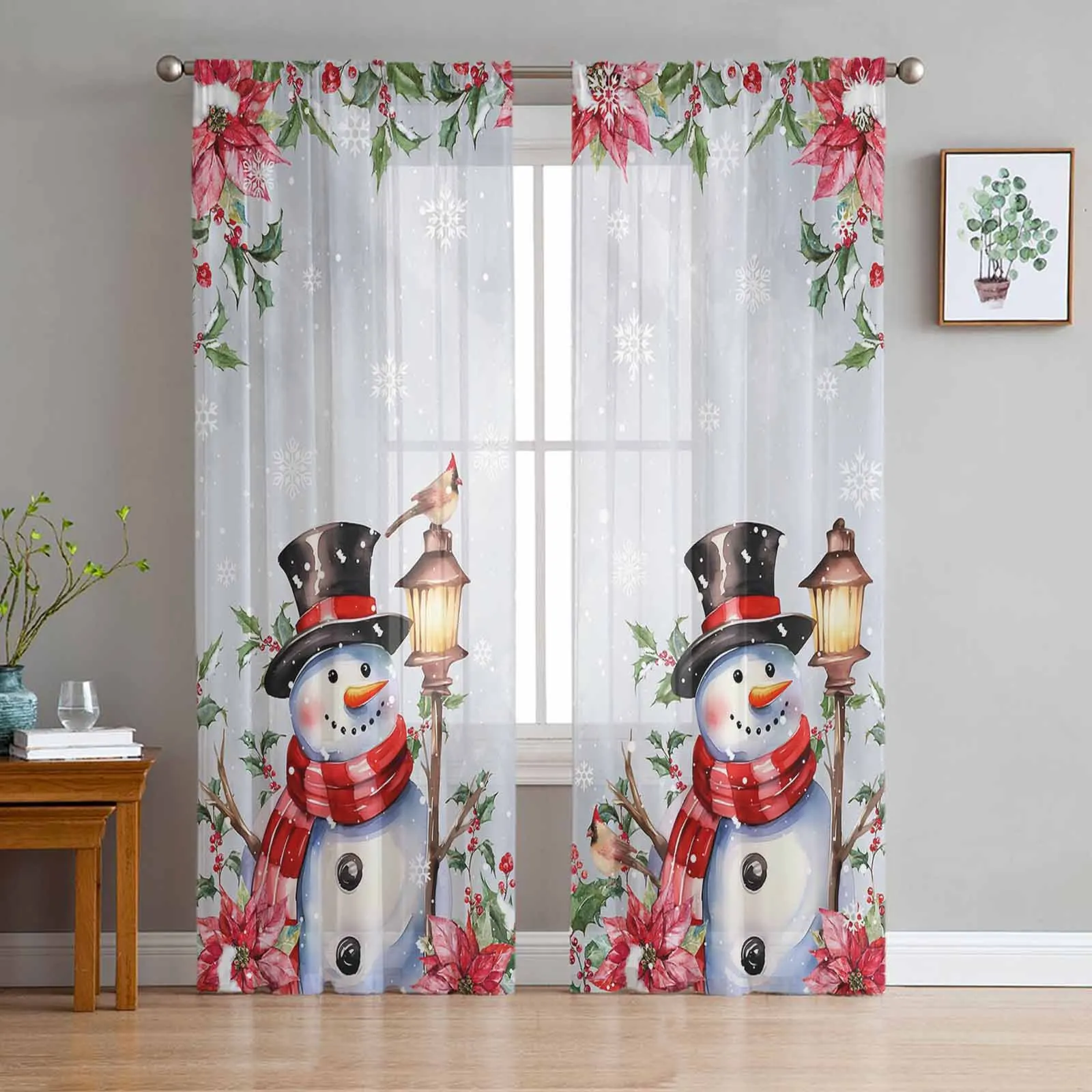 

Christmas Snowman Poinsettia Bird Tulle Curtains for Living Room Sheer Curtain for Bedroom Christmas Blinds Voile Curtains