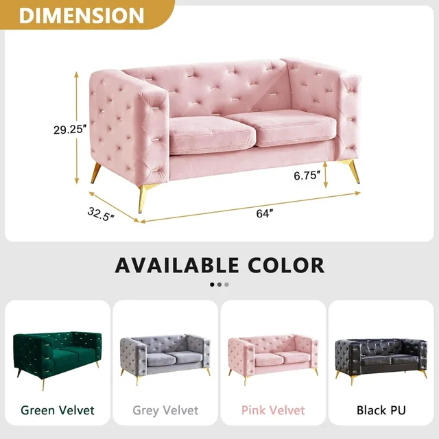 Velvet Chesterfield Loveseat with Metal Legs 2
