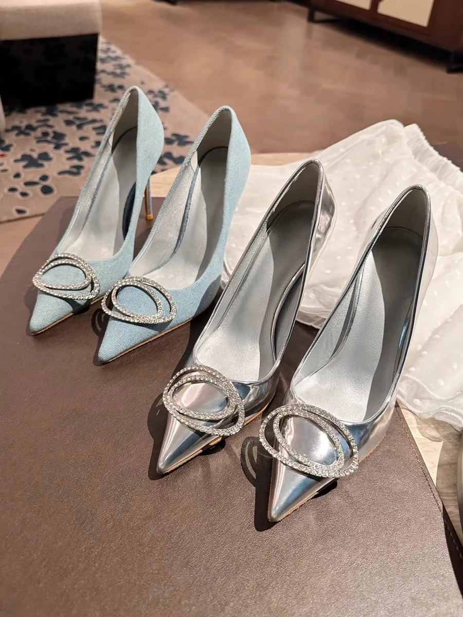

Silver Pointed Toe Stiletto Buckle High Heels Denim Back Strap Sandals Rhinestone Women Shoes Elegant Versatile White Pumps
