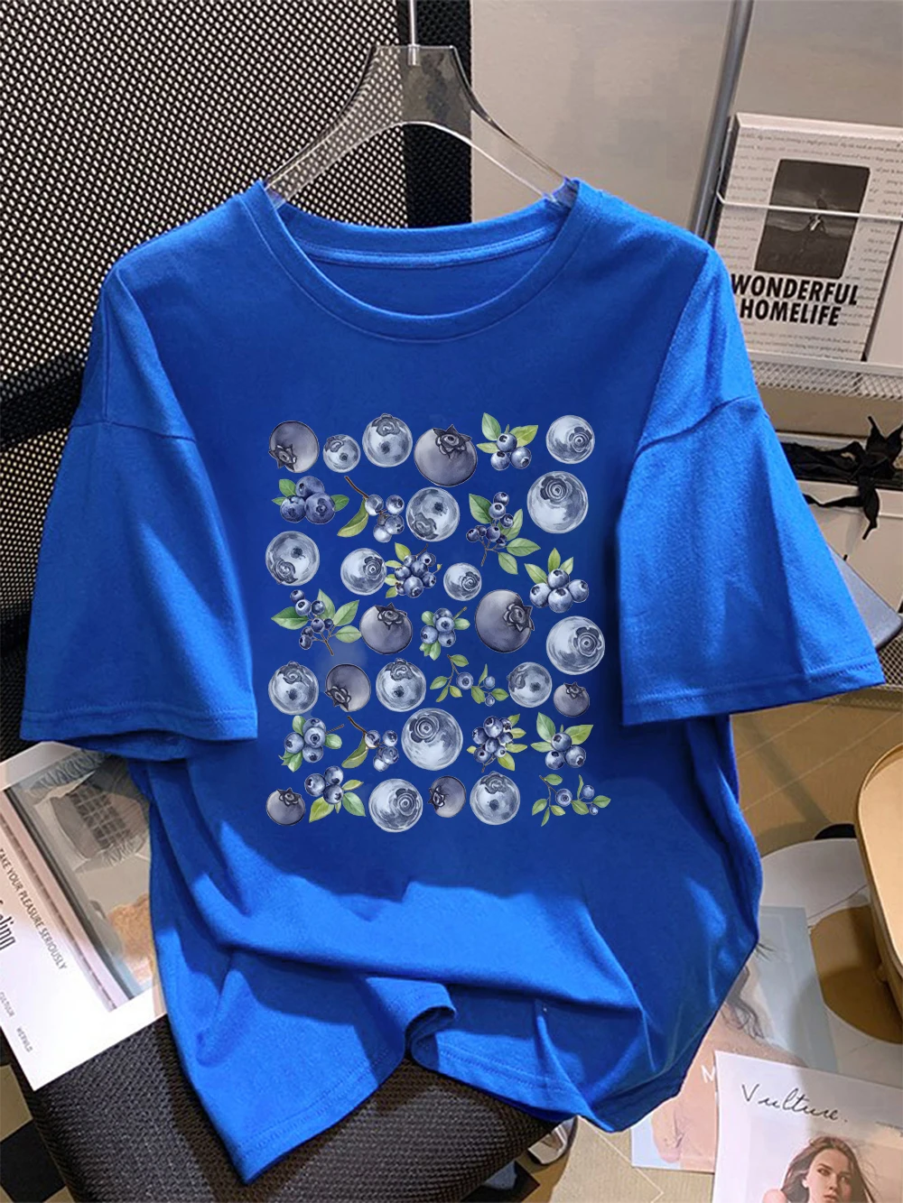 Sommer-T-Shirts aus 100 % Baumwolle für Damen, frische Blaubeerfrüchte, bedruckt, Oberteile, weiches, lockeres T-Shirt mit O-Ausschnitt, Urlaub, lässige Damenkleidung – Detail 10