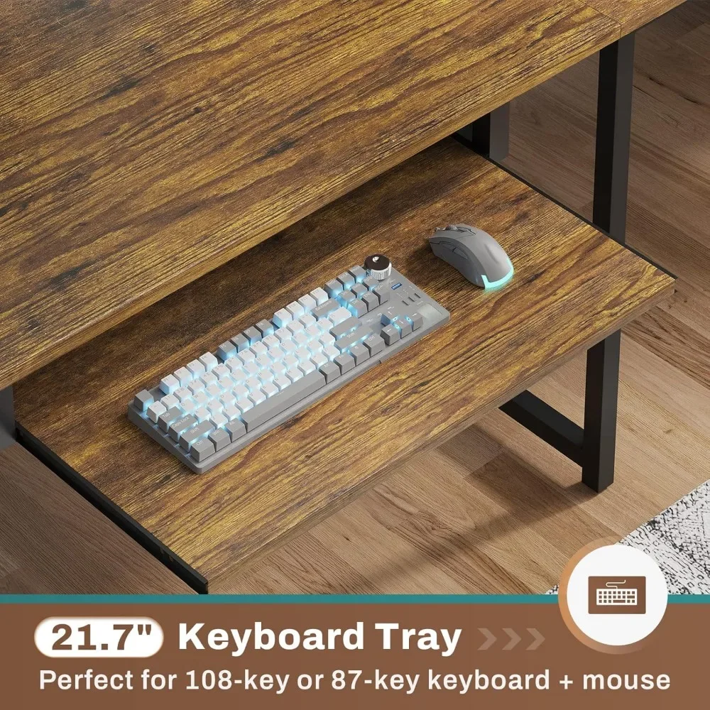 L Shaped Desk with Led Light, Keyboard Tray, Storage Shelves and Headphone Hook for Home Office 6