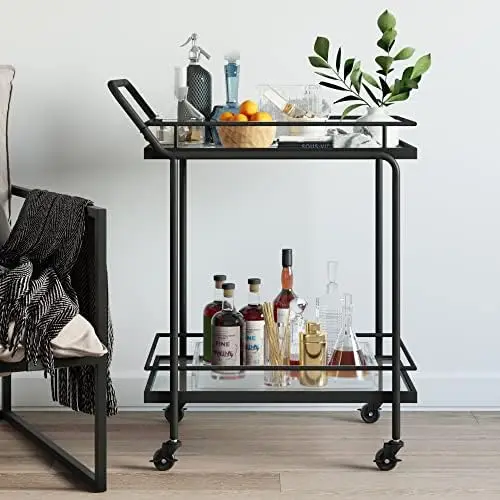 

Rolling Bar or Cart for Tea or Cocktail, 2-Tiered Glass and Metal, Black & Theo 5-Shelf Black Modern Bookcase, Open Mount L Woo