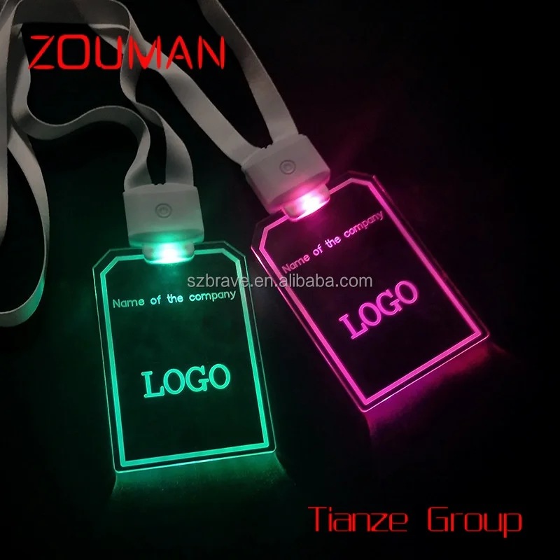 Custom , Promotional Customized Concert Props 15 Colors Acrylic ID card Holder Acrylic Colorful Flashing Badge Glowing LED Lanya